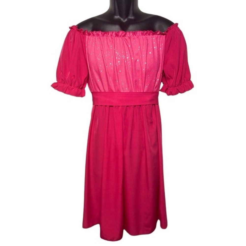 Shein Curve 2XL Pink Sparkle Baby Doll Dress‎ Ribbon Waist Off Shoulder New